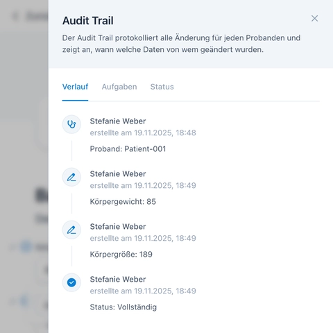 Der übersichtliche Audit-Trail von OpenEDC gemäß GCP und  FDA 21 CFR Part 11.